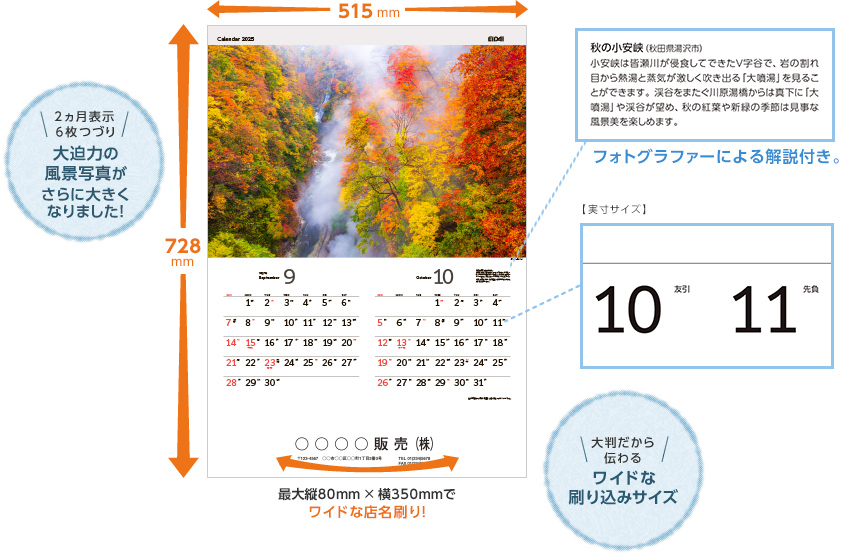 横幅515mm縦幅728mm 最大縦80mm×横350mmでワイドな店名刷り！　2ヵ月表示6枚つづり大迫力の風景写真がさらに大きくなりました！　大判だから伝わるワイドな刷り込みサイズ